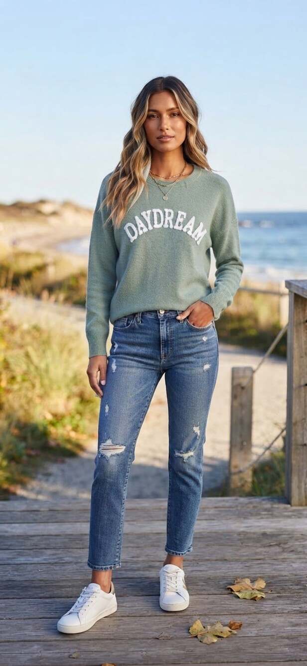 Pink Rose Daydream Crewneck Sweater Size M Sage Green Terry Knit Pullover